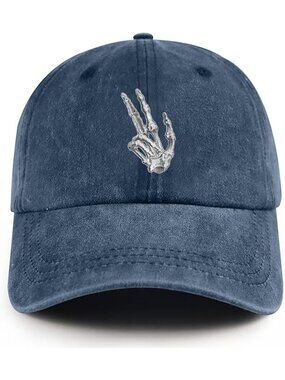 Unisax Navy Blue Funny Cotton Washed Denim Halloween Baseball Skeleton Hands Cap